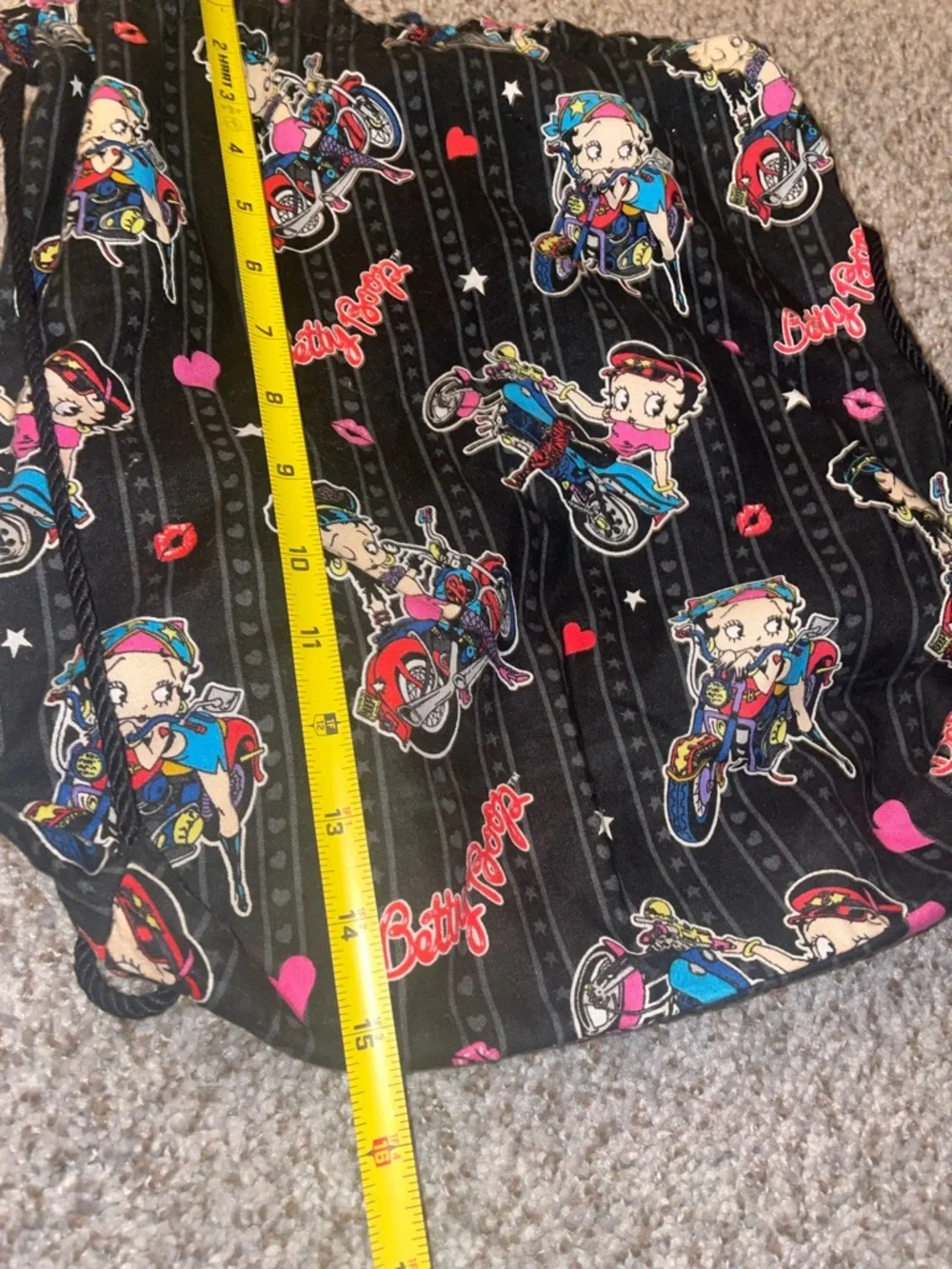 Betty Boop Black Drawstring Backpack with Multicolor Motifs